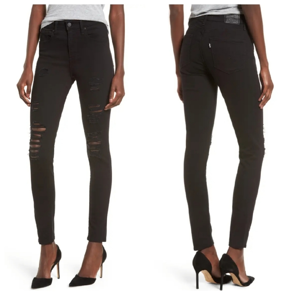 Levis 721 High Rise Skinny Black Ripped Distressed